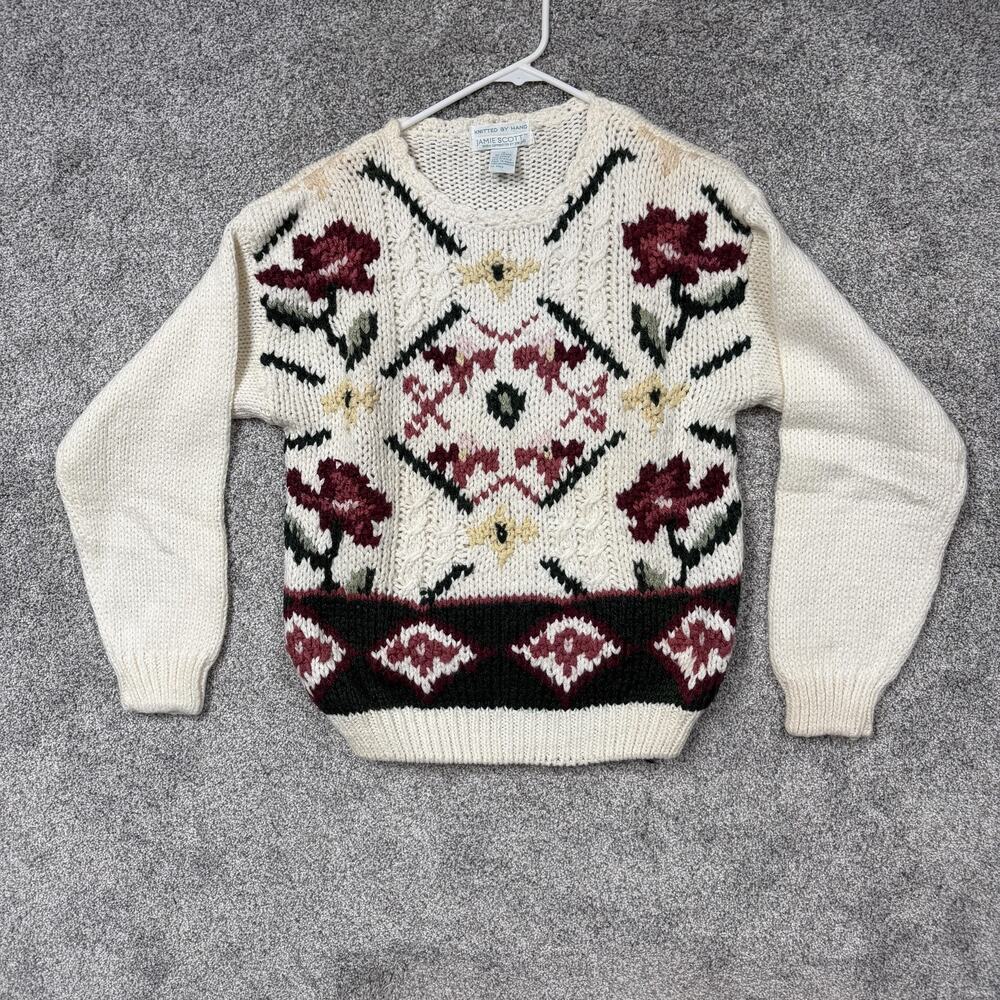 Vintage 90s Jamie Scott Sweater Womens S White Floral Ramie Hand Knit Coquette